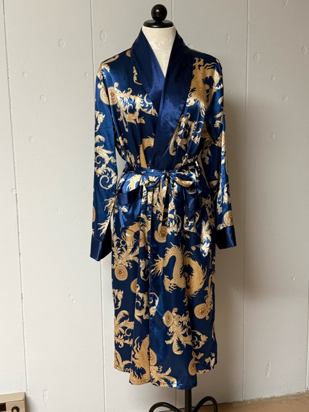 Navy Satin Dragon Print Robe with Gold Accents